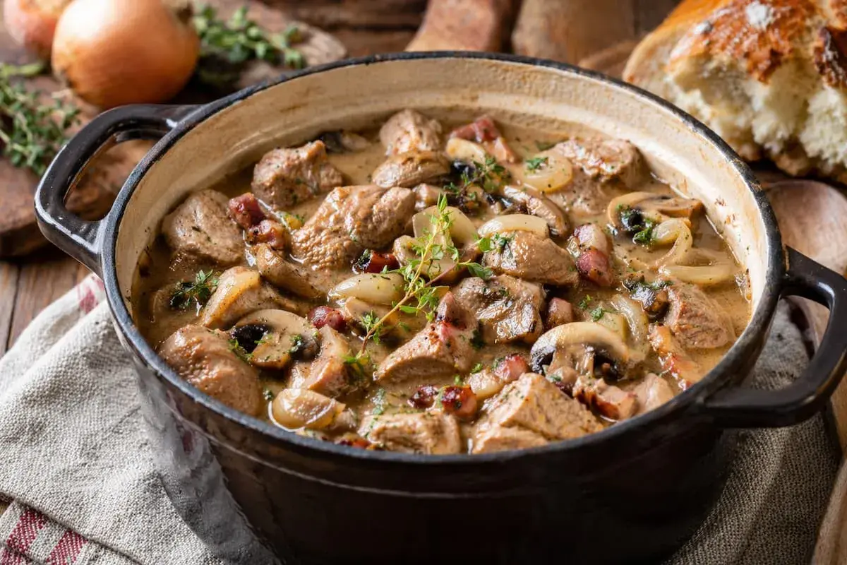 Un savoureux sauté de veau mijote dans une cocotte en fonte, garni de champignons, d'oignons et de lardons. Un plat réconfortant prêt à être dégusté.