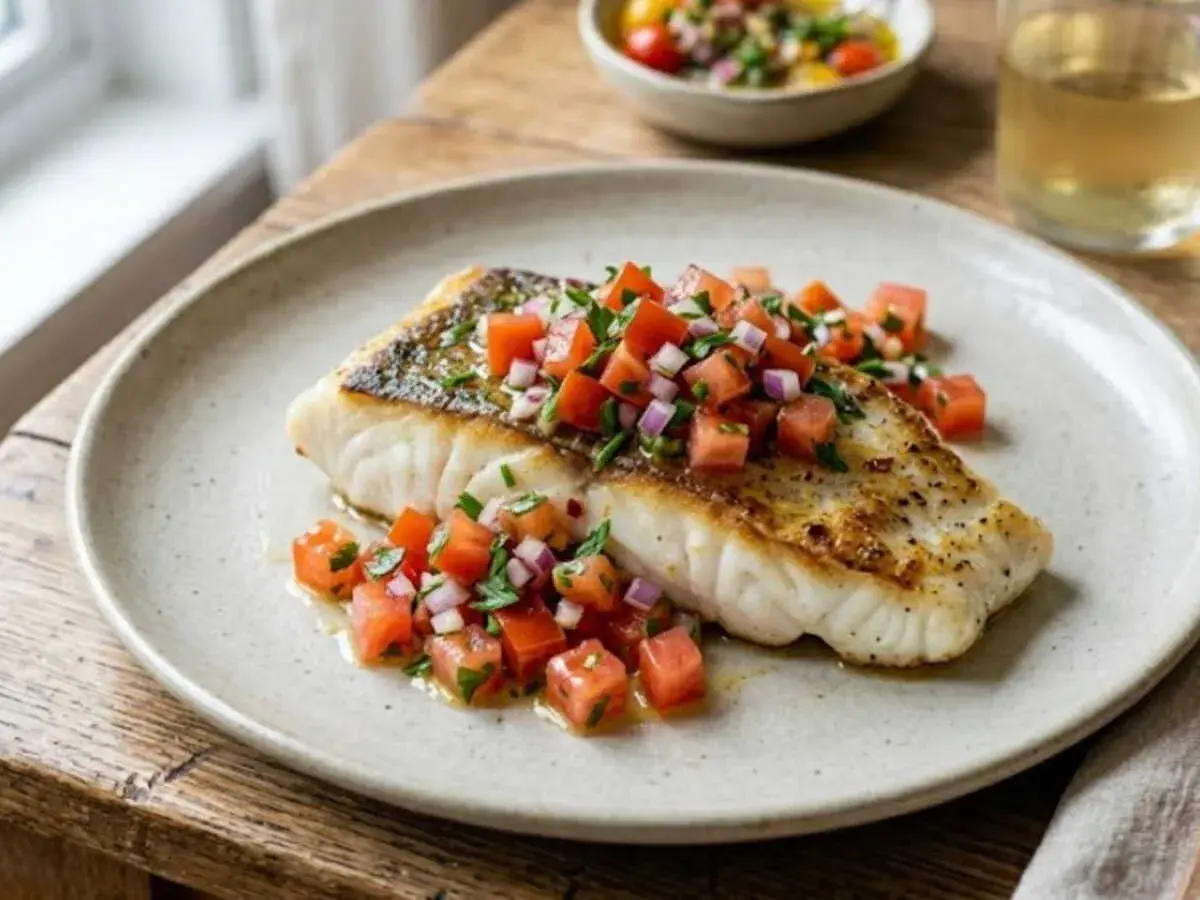 Filet de poisson grillé garni d'une salsa fraîche de tomates et d'oignons rouges, la sauce du chef parfaite pour sublimer ce plat.