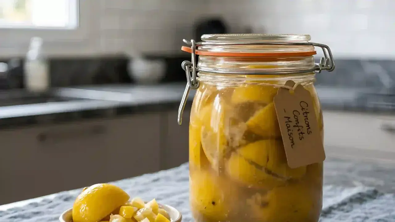 Un bocal rempli de citrons confits maison, prêts à parfumer vos plats. Une touche de soleil dans votre cuisine.