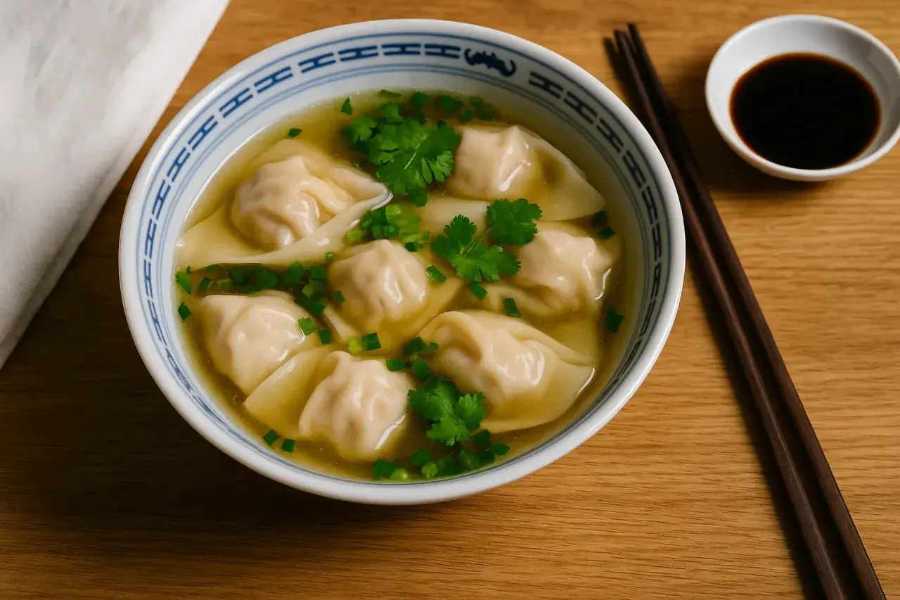 Un bol de soupe raviolis chinois, garni de coriandre et de ciboule, prêt à être dégusté avec des baguettes.