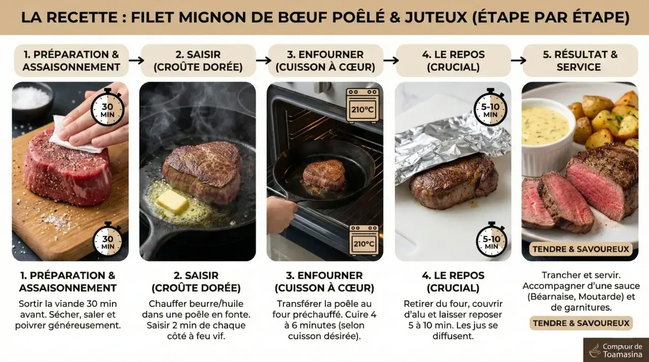 Étapes pour la cuisson parfaite du filet mignon : assaisonnement, saisie, cuisson au four, repos, puis dégustation.