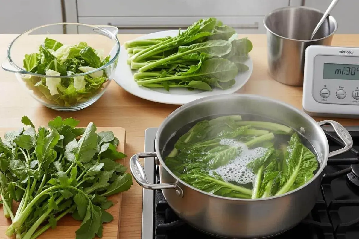 Préparation pour la cuisson d'épinards frais. Des légumes verts bouillent dans une casserole, d'autres sont prêts à être cuisinés.