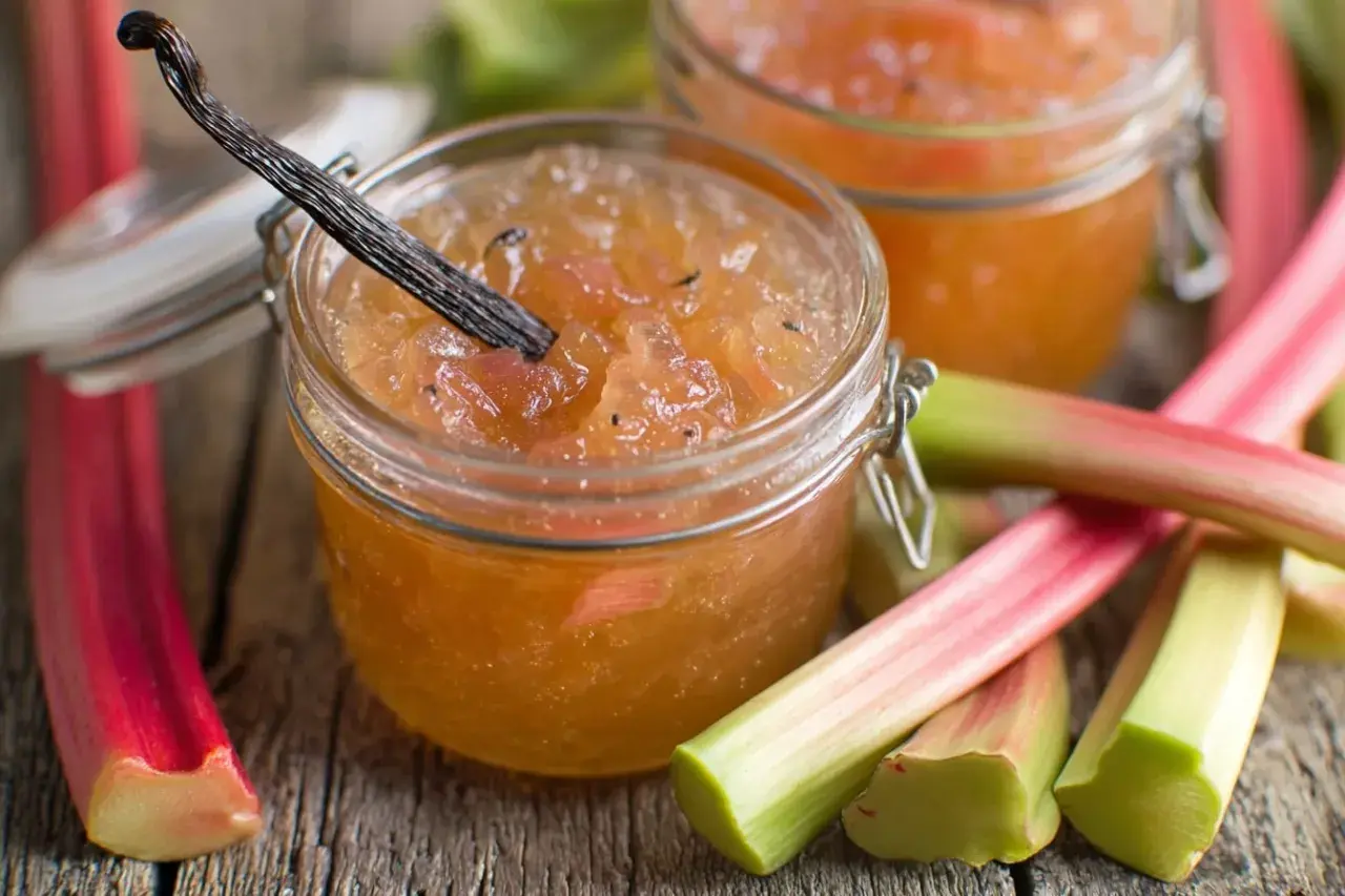 Confiture de rhubarbe maison dans un bocal, avec des tiges de rhubarbe fraîches et une gousse de vanille.