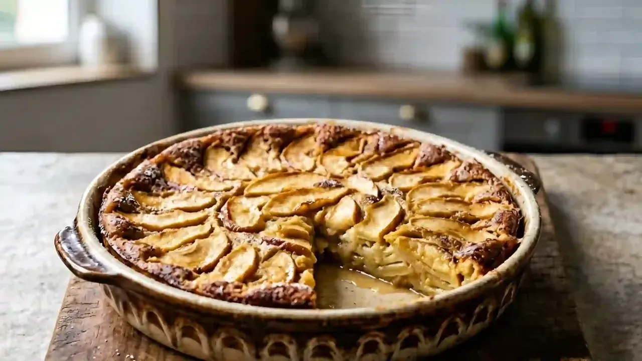 Un délicieux clafoutis aux pommes, doré et moelleux, servi dans un plat en terre cuite.