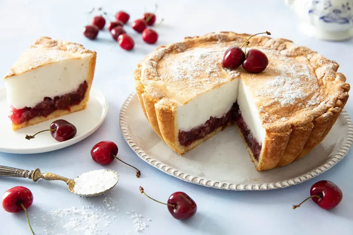 Une délicieuse tarte aux cerises à l'ancienne, avec une garniture généreuse de cerises et une meringue légère.