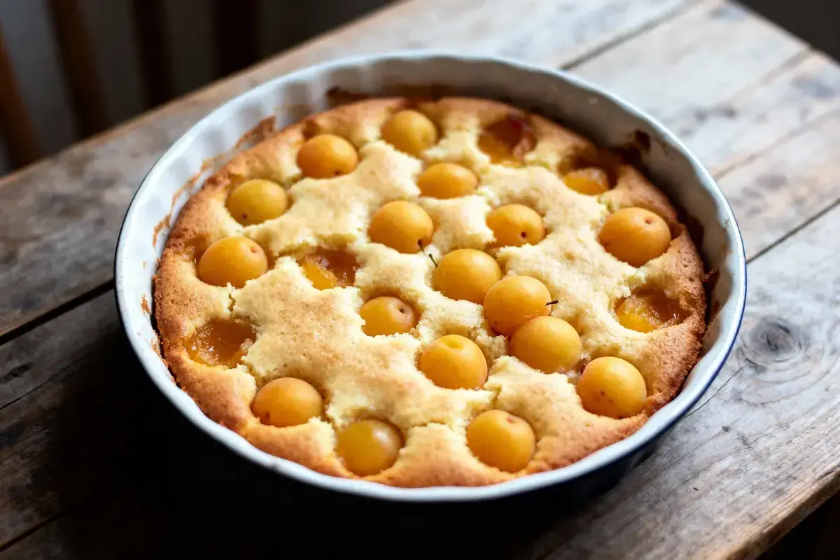 Un délicieux clafoutis aux mirabelles, doré et moelleux, prêt à être dégusté.