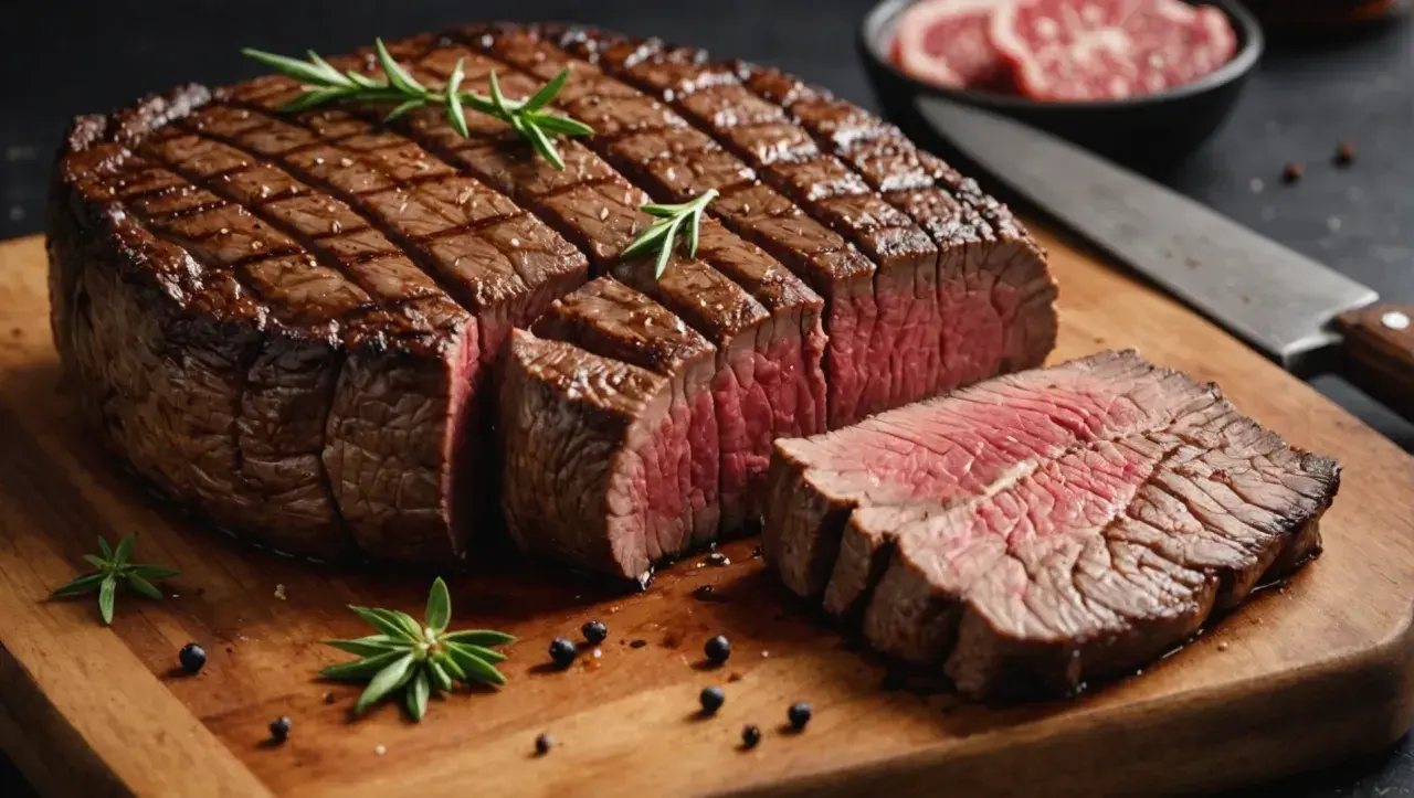 Un magnifique filet de bœuf, parfaitement grillé, attend d'être dégusté. Sa cuisson révèle une chair rosée et tendre.