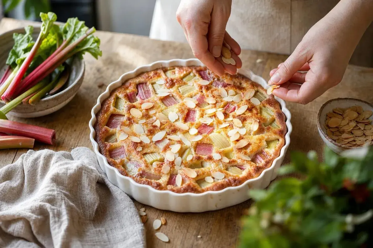 Finition d'un clafoutis rhubarbe aux amandes effilées, prêt à être dégusté.