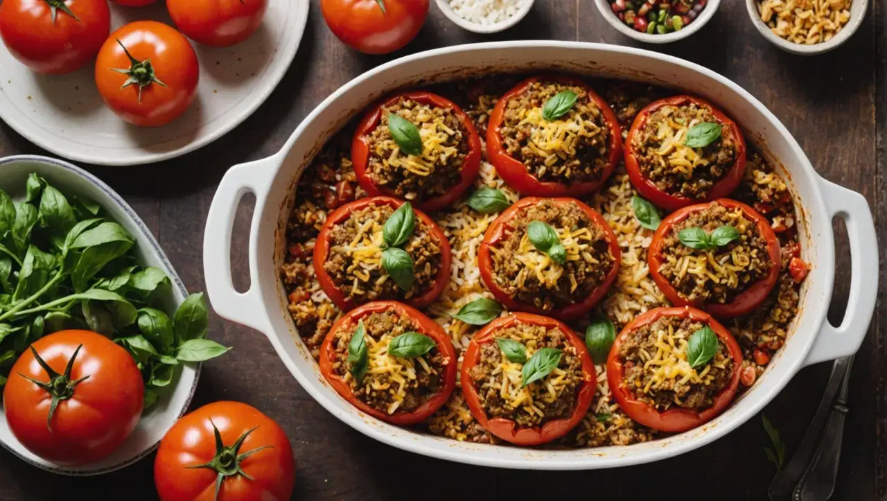Tomates au four garnies de viande et de riz, saupoudrées de fromage râpé et de basilic frais. Un plat réconfortant et savoureux.