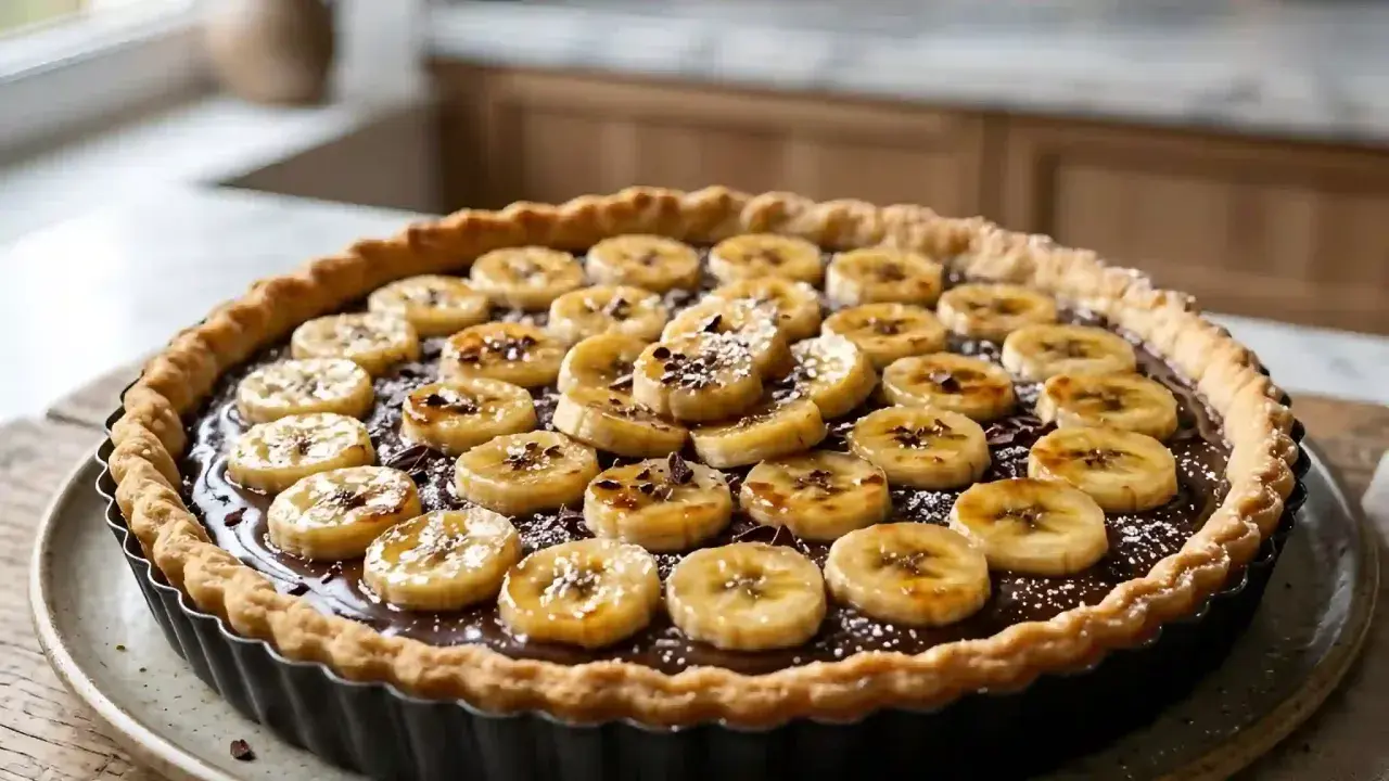 Délicieuse tarte banane chocolat, garnie de rondelles de banane caramélisées et de copeaux de chocolat noir. Un régal pour les yeux et les papilles.