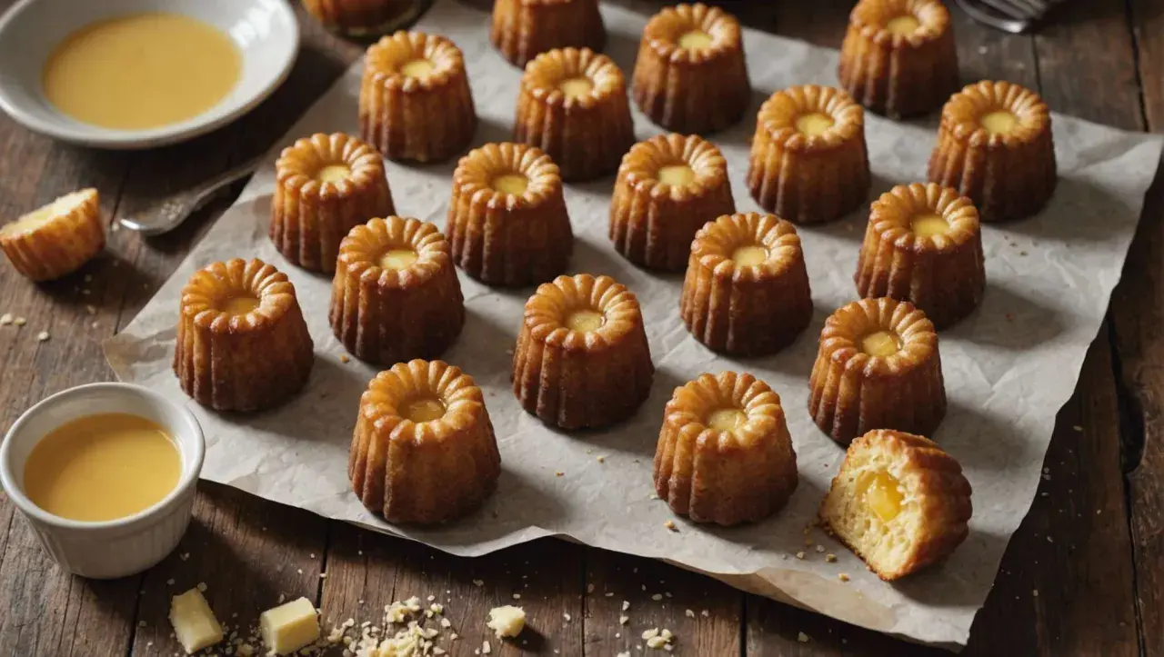 Une belle présentation de cannelés dorés, parfaits pour une recette facile. Un cannelé est coupé, révélant son cœur moelleux.