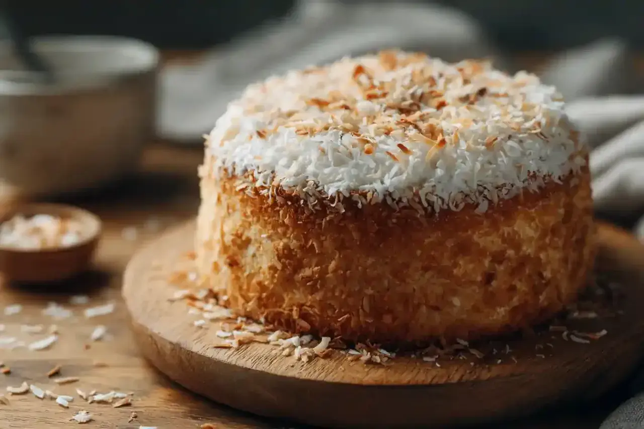Un délicieux gâteau noix de coco, recouvert de flocons de noix de coco grillés et d'une crème blanche. Parfait pour une pause gourmande.
