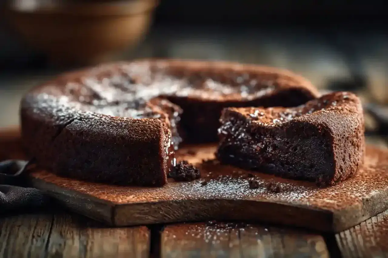 Un délicieux moelleux au chocolat, saupoudré de sucre glace, est servi sur une planche en bois rustique.