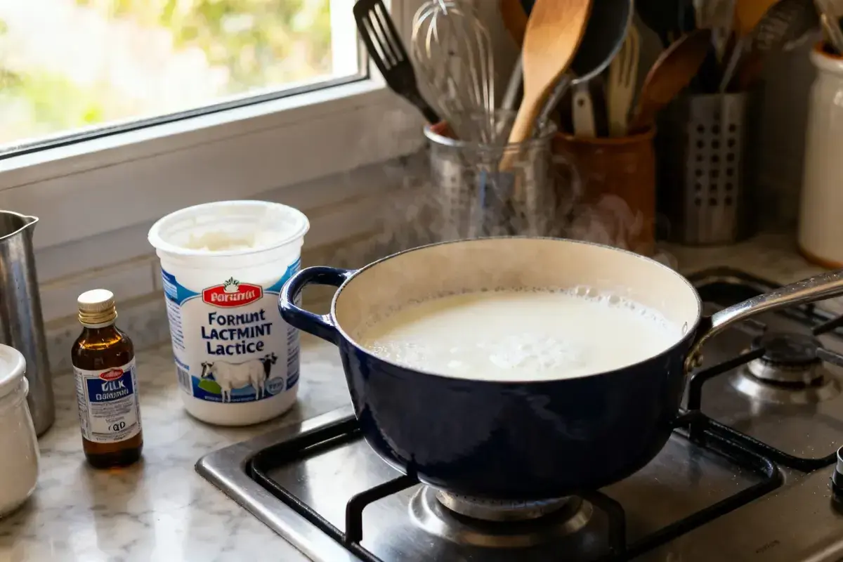 Préparation pour faire son fromage de chèvre : lait chauffant dans une casserole bleue, avec un pot de ferment lactique et une petite bouteille à côté.