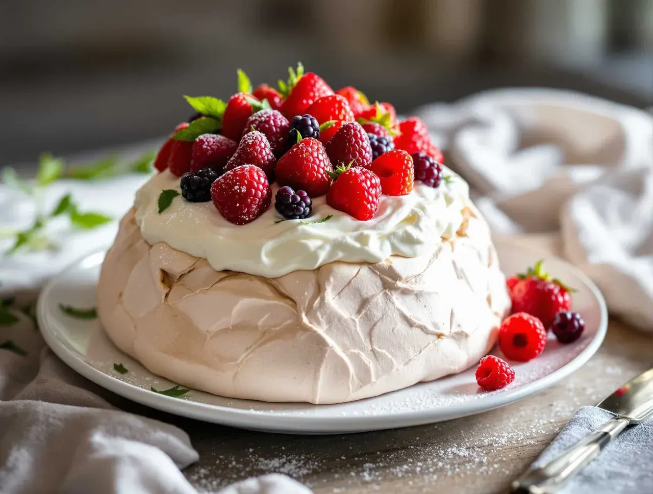 Pavlova aérienne garnie de crème fouettée et de fruits rouges frais. Une délicieuse recette pavlova pour un dessert léger et fruité.