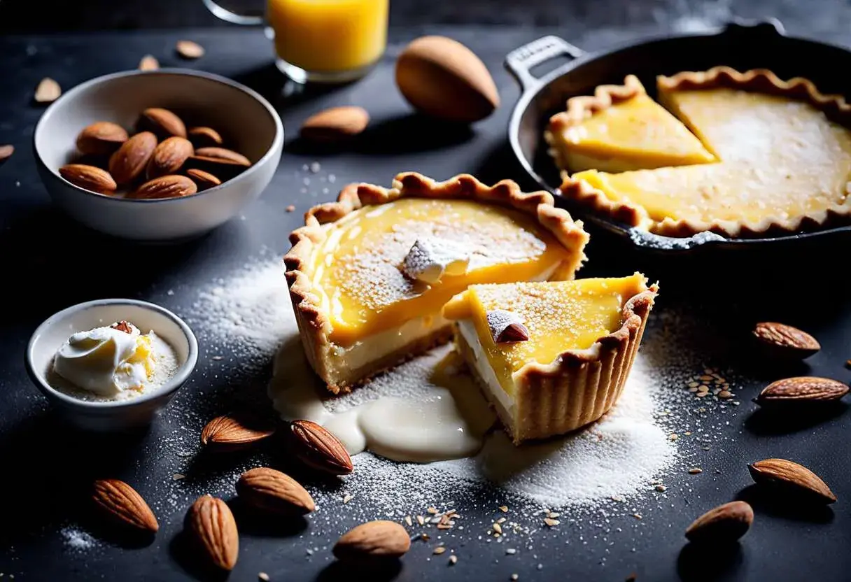 Délicieuse tartelette à la pâte sablée amandes, garnie d'une crème citronnée et saupoudrée de sucre glace. Des amandes entières et une touche de crème complètent cette gourmandise.
