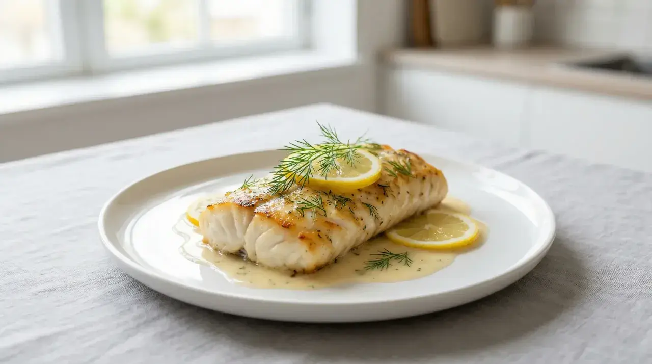 Un savoureux dos de cabillaud au four, nappé d'une sauce crémeuse, garni de rondelles de citron et d'aneth frais.