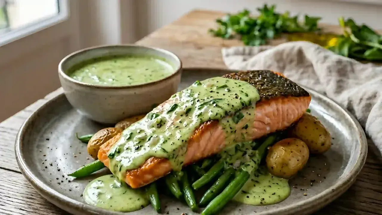 Filet de saumon croustillant nappé d'une sauce à l'oseille crémeuse, servi avec des haricots verts et des pommes de terre grenaille.