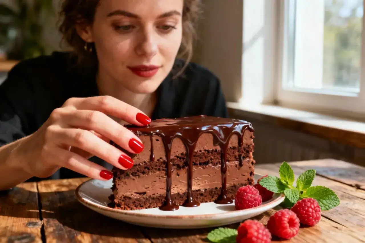 Une femme aux ongles rouges touche un délicieux gâteau chocolat mascarpone, garni de glaçage au chocolat et de framboises fraîches.