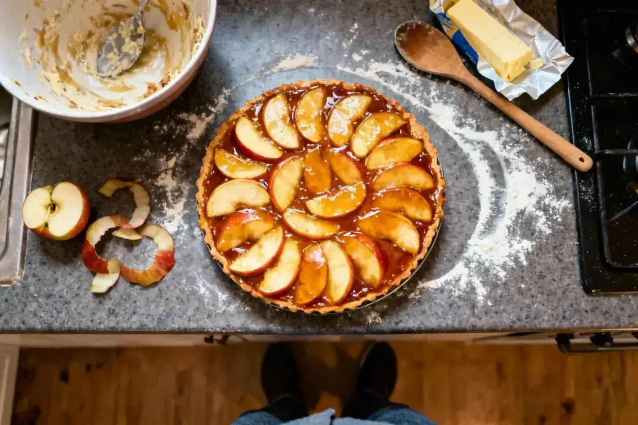 Une tarte tatin aux pommes caramélisées, prête à être dégustée. Des ingrédients frais sur le plan de travail, une invitation à la gourmandise.