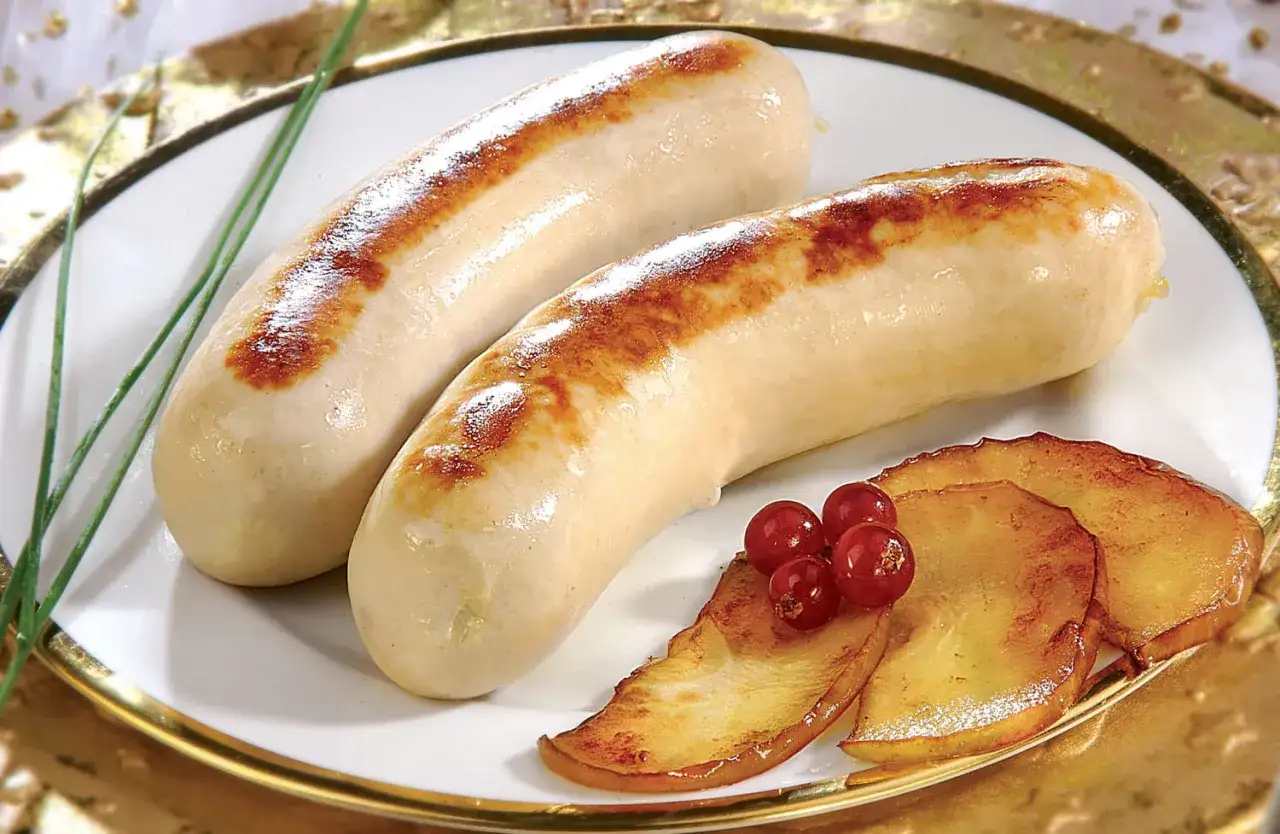 Deux boudins blancs grill&eacute;s, accompagn&eacute;s de pommes caram&eacute;lis&eacute;es et de groseilles. Une belle pr&eacute;sentation pour une recette boudin blanc.