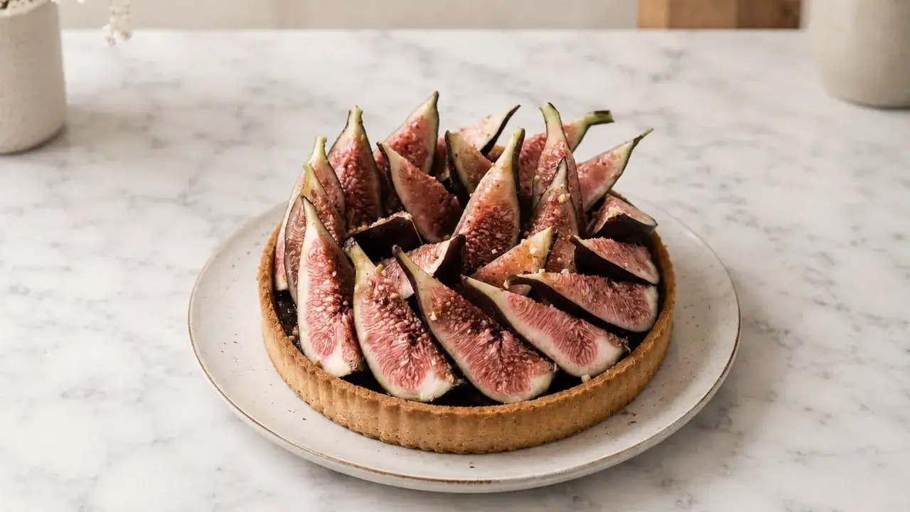 Une magnifique tarte aux figues, garnie de quartiers de fruits frais et de quelques éclats de noix, sur une assiette en céramique.
