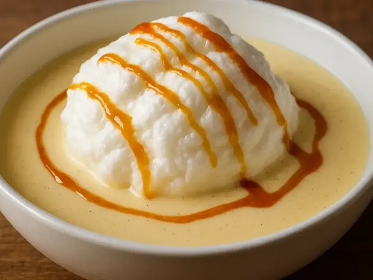 Île flottant, une recette de grand-mère réconfortante, avec sa meringue aérienne nappée de caramel.