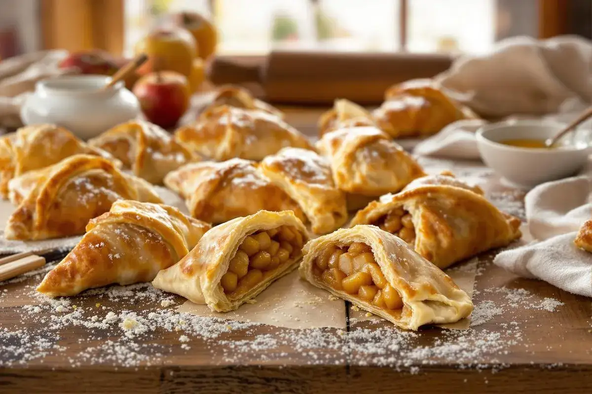 Une belle recette chausson aux pommes : des chaussons dorés, saupoudrés de sucre glace, révélant une garniture généreuse de pommes.
