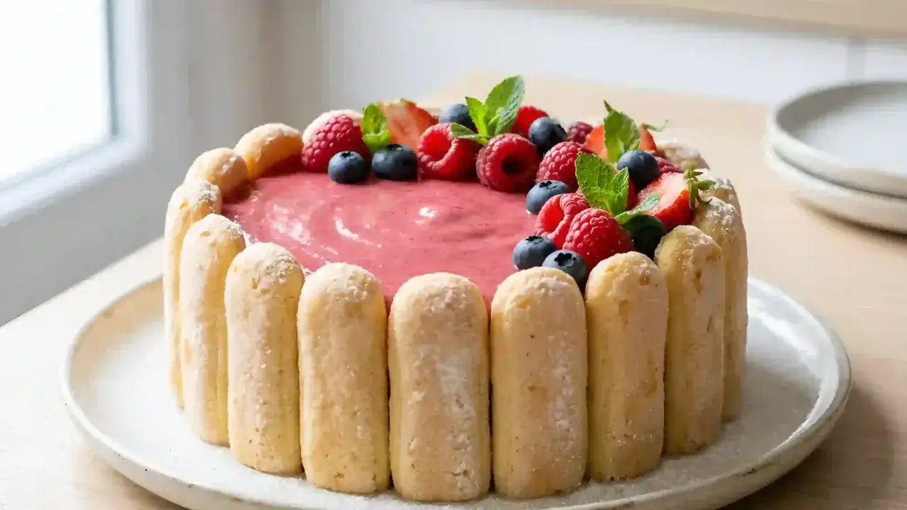 Charlotte aux fruits facile, un dessert frais et coloré garni de framboises, myrtilles et menthe.