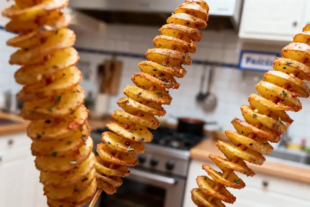 Trois brochettes de pomme de terre au four, coupées en spirale et assaisonnées, se dressent devant une cuisine floue.