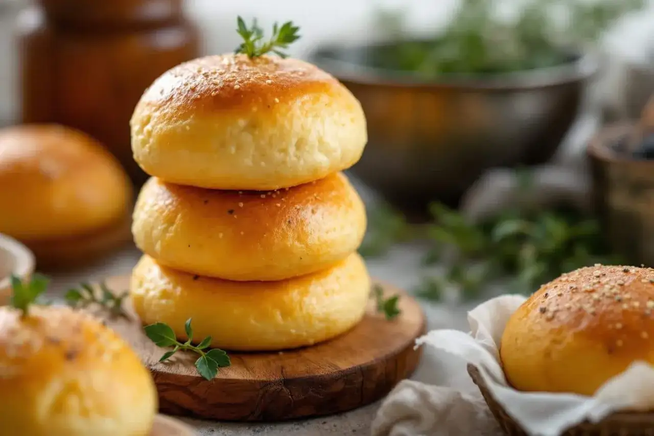 Pile de pains à la poêle dorés, parsemés de graines et décorés de persil frais. Parfait pour un repas gourmand.