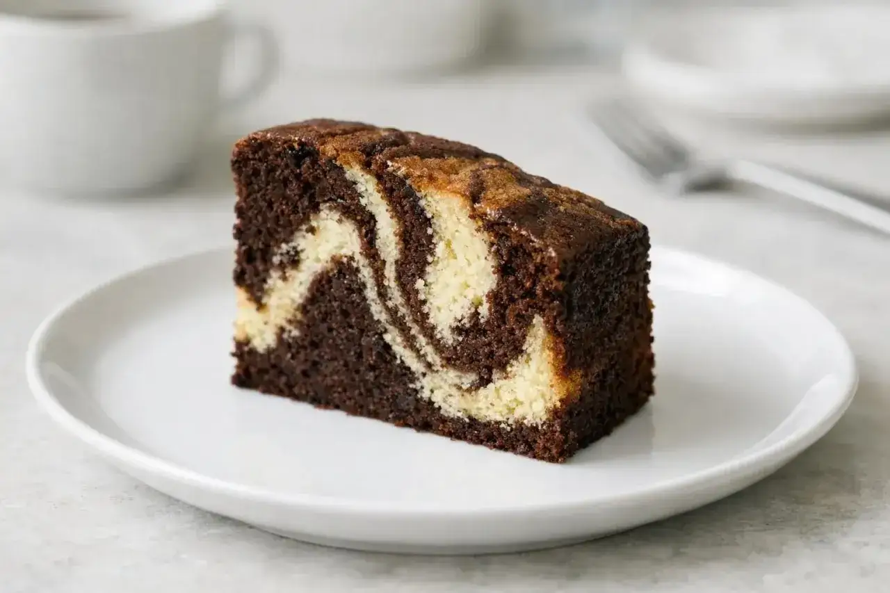 Une part de gâteau marbré, avec ses tourbillons de chocolat et de vanille, est servie sur une assiette blanche.