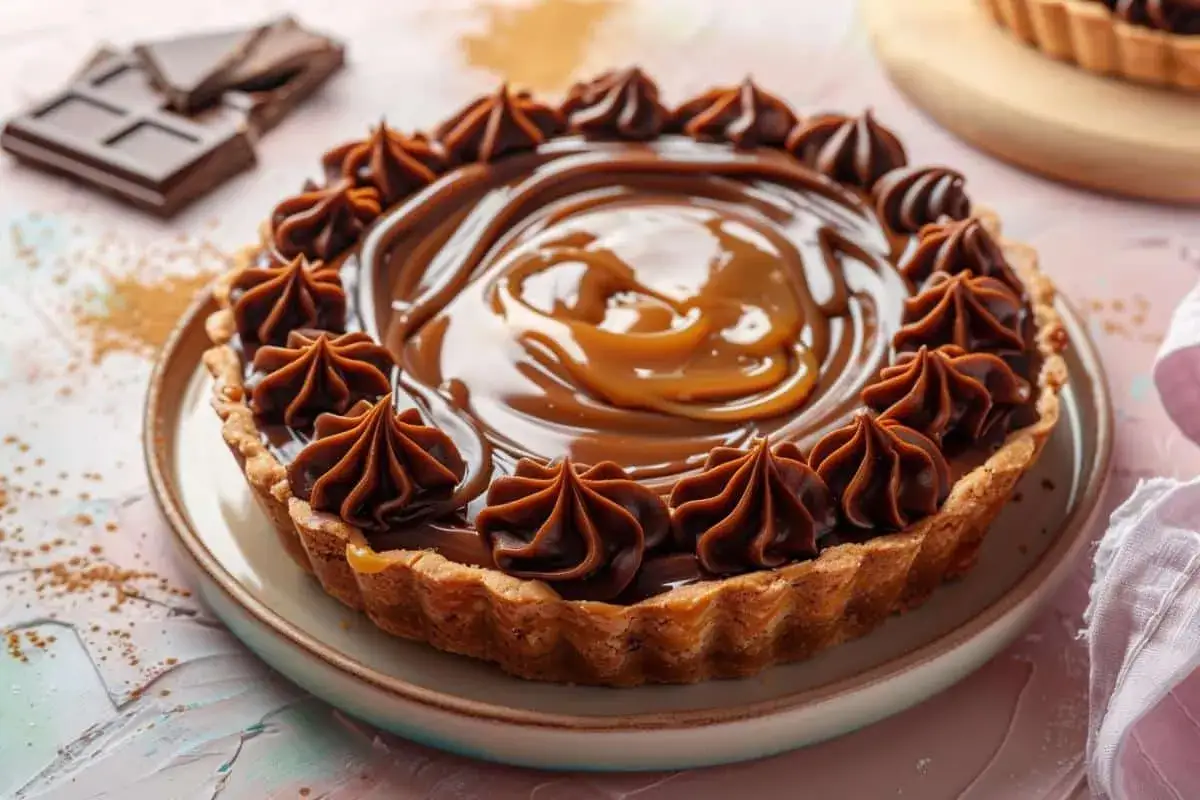 Une délicieuse tarte chocolat caramel, avec une garniture onctueuse et des rosettes de chocolat noir. Parfaite pour les amateurs de douceurs.