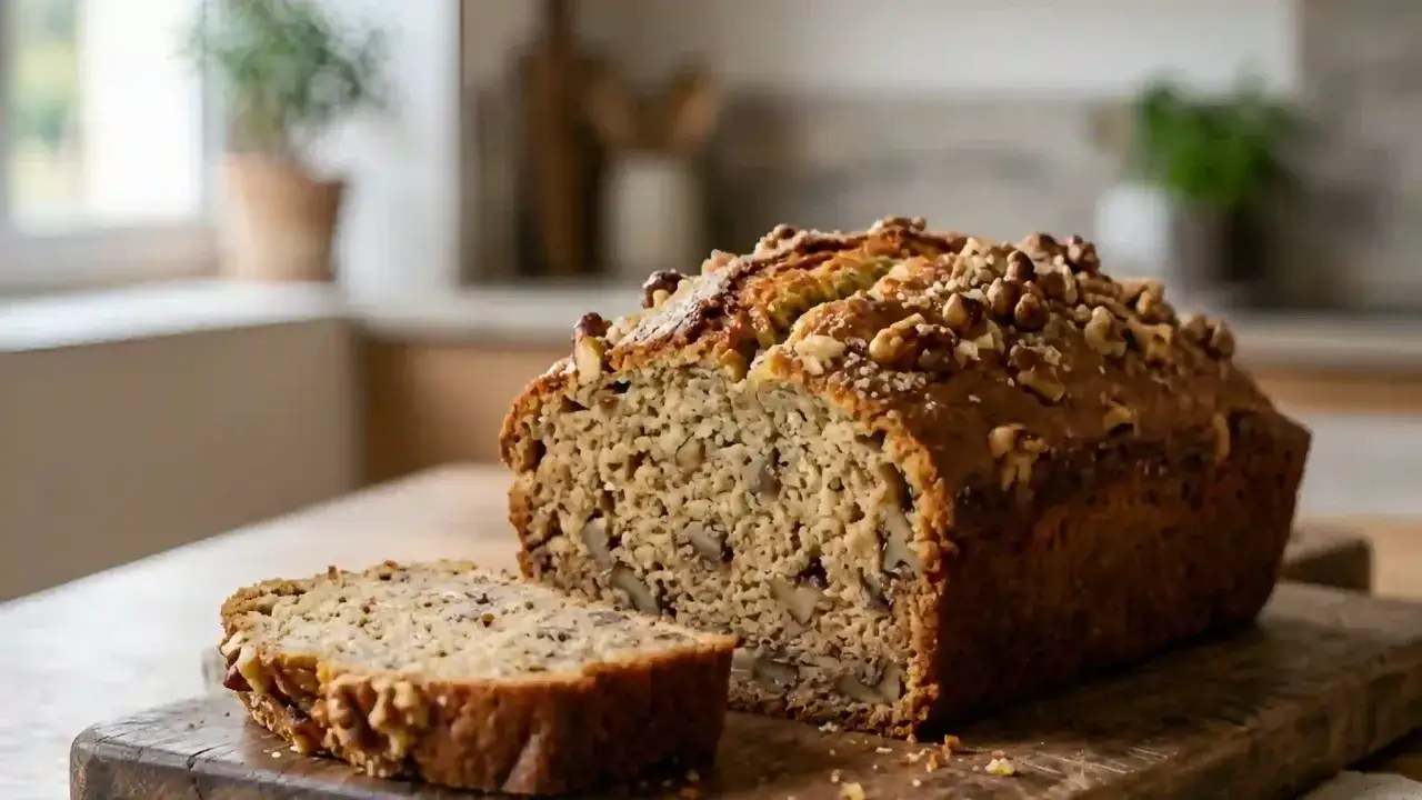 Un délicieux banana bread aux noix, avec une tranche coupée, prêt à être dégusté.