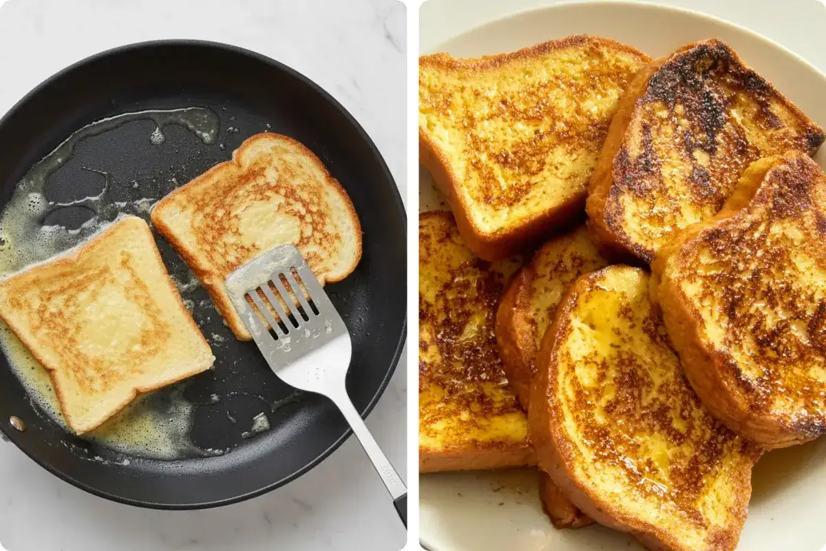 Tranches de pain doré, en train de cuire dans une poêle et servies sur une assiette. Un délice de pain perdu.