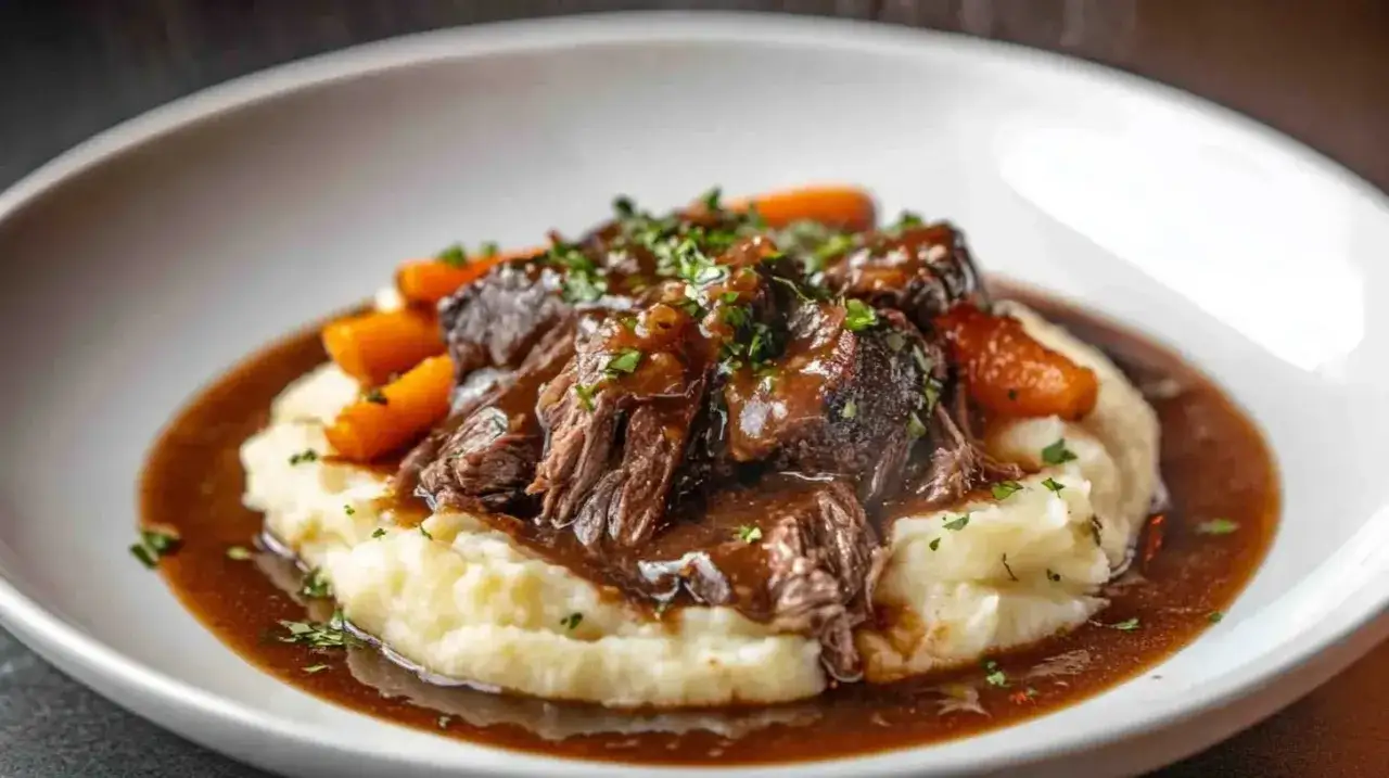 Un plat réconfortant de roti de boeuf basse température, servi sur une purée de pommes de terre crémeuse avec des carottes et nappé d'une sauce riche.