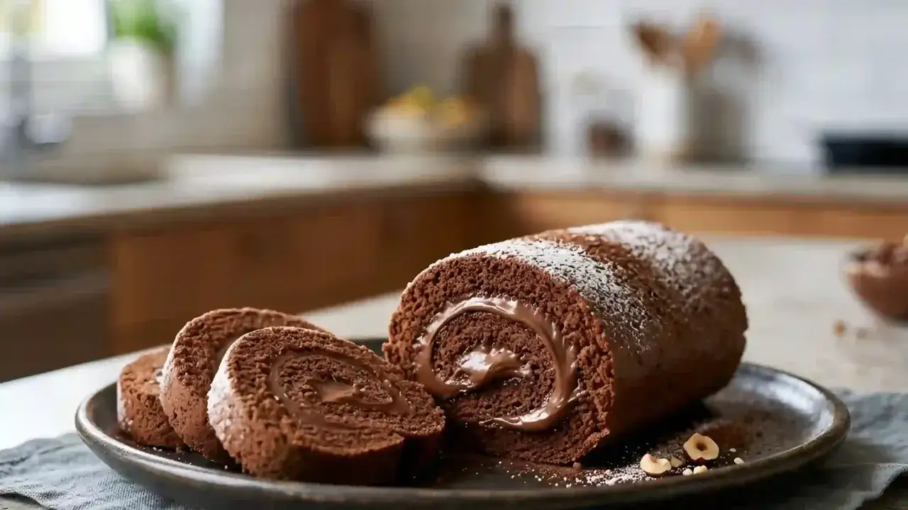Un délicieux roulé au Nutella, saupoudré de sucre glace, avec des noisettes concassées sur l'assiette.