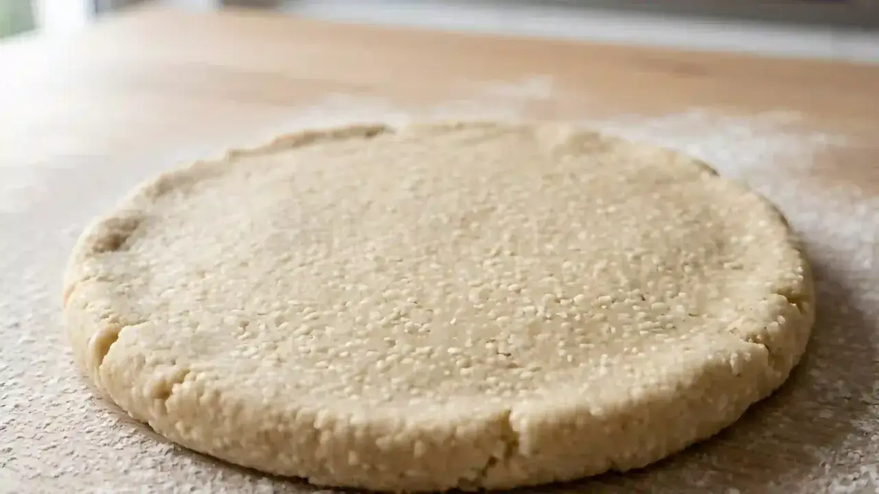 Pâte sablée traditionnelle prête à être travaillée, parsemée de graines de sésame pour une touche gourmande.