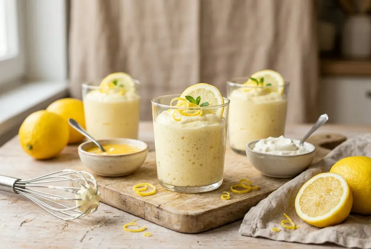 Trois verres de mousse au citron, décorés de rondelles de citron et de menthe. Des citrons frais et des ingrédients pour la préparation sont disposés autour.