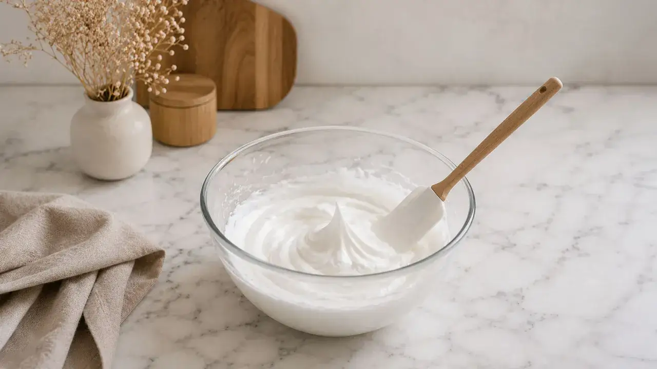 Un bol en verre contient des blancs en neige parfaitement montés, prêts à être utilisés. Une spatule en bois et silicone y repose.