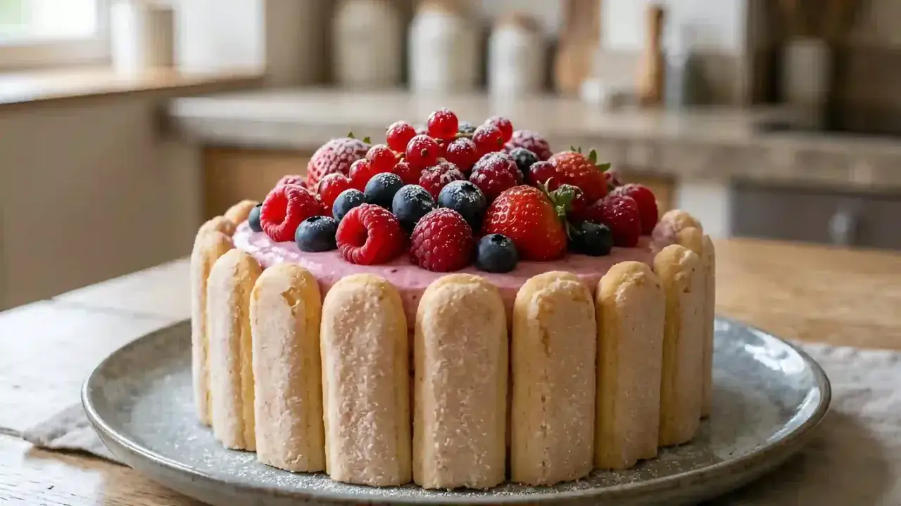 Charlotte au fromage blanc, garnie de fruits rouges frais et de biscuits à la cuillère. Un délice estival.