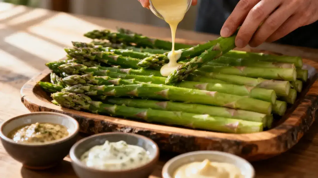 Un plat d'asperges vertes fraîches est arrosé d'une sauce onctueuse. Trois petites coupelles de sauces diverses sont disposées devant.
