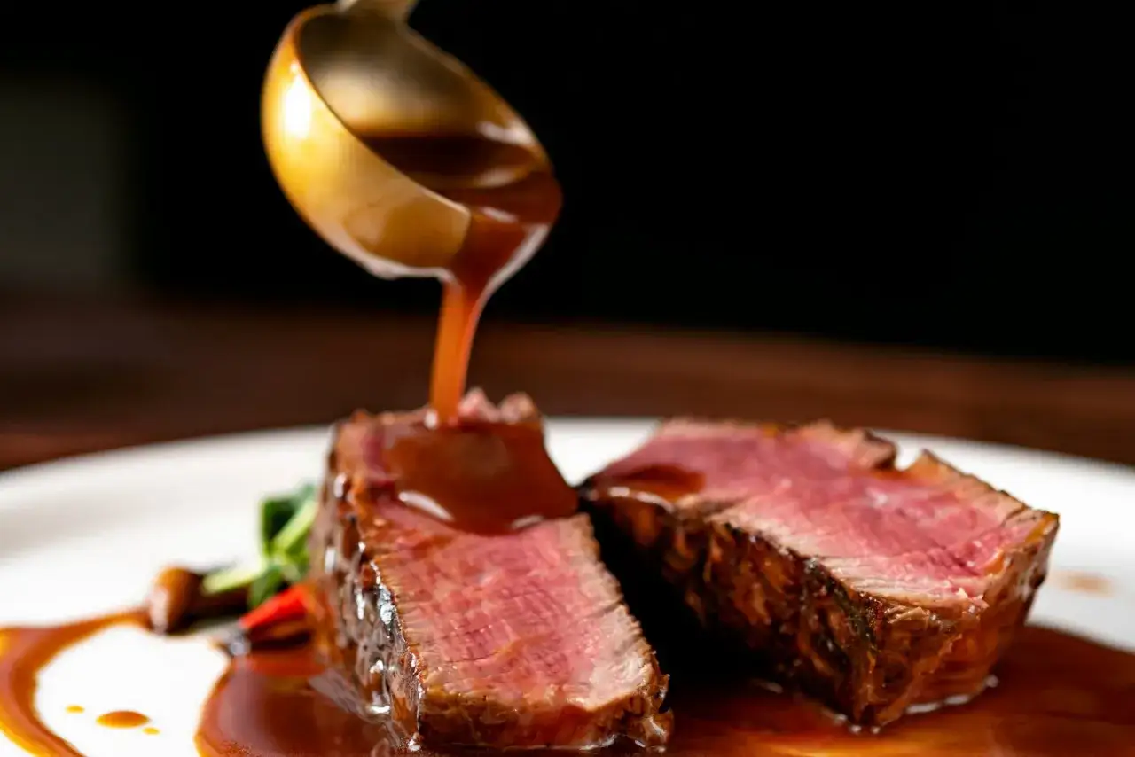Comment faire une sauce parfaite pour ce steak saignant. La sauce onctueuse est versée à la louche sur la viande.