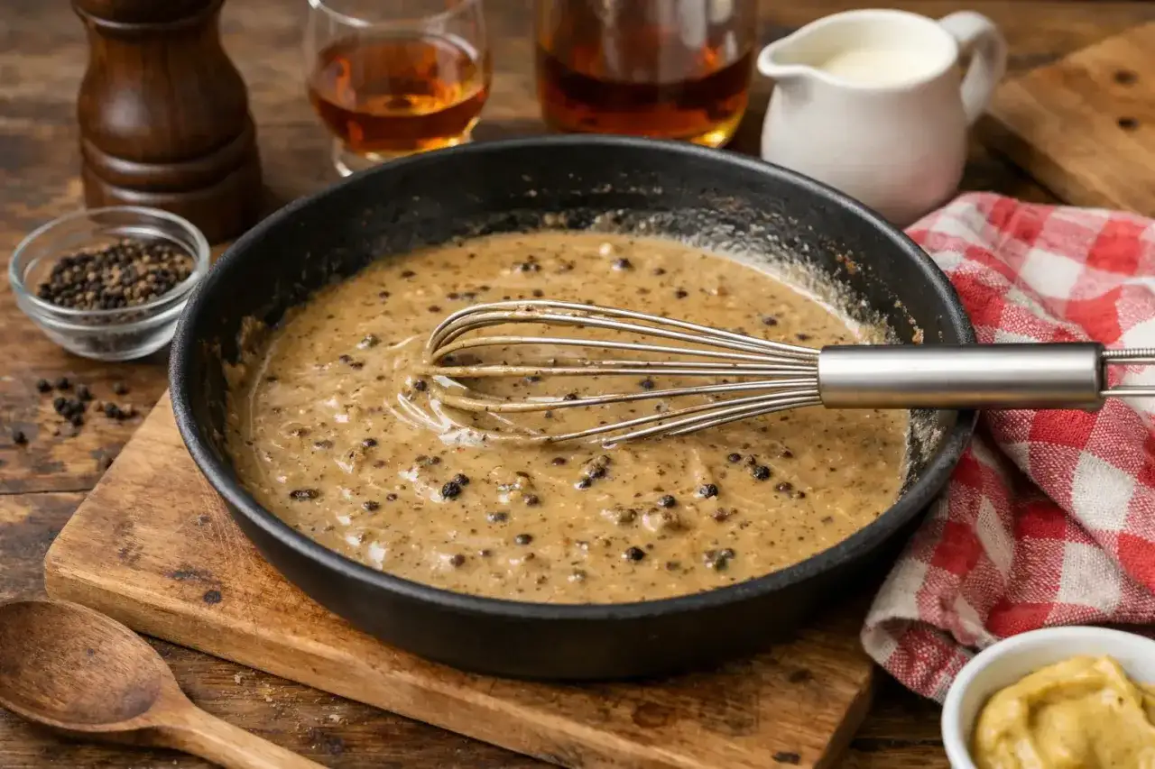 Une sauce au poivre, recette de chef, mijote dans une poêle avec un fouet. Des grains de poivre, du cognac et de la crème sont visibles.