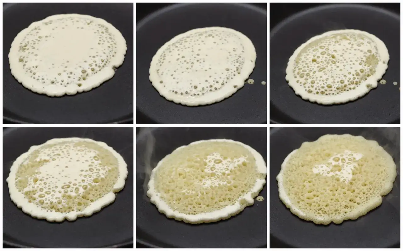 &Eacute;tapes de cuisson d'un cr&ecirc;pe mille trou sur une po&ecirc;le, montrant la formation des bulles.