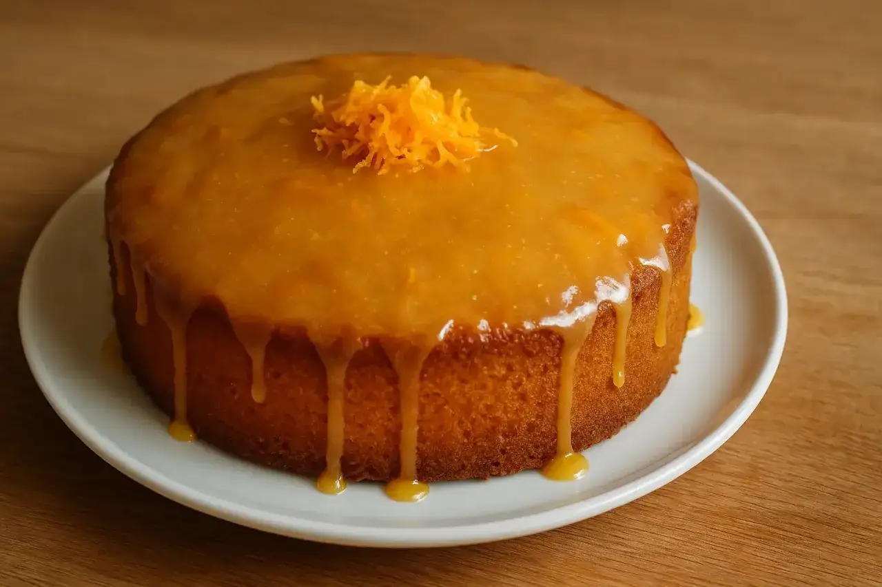 Un délicieux gâteau à l'orange, nappé d'un glaçage brillant et garni de zestes d'orange.