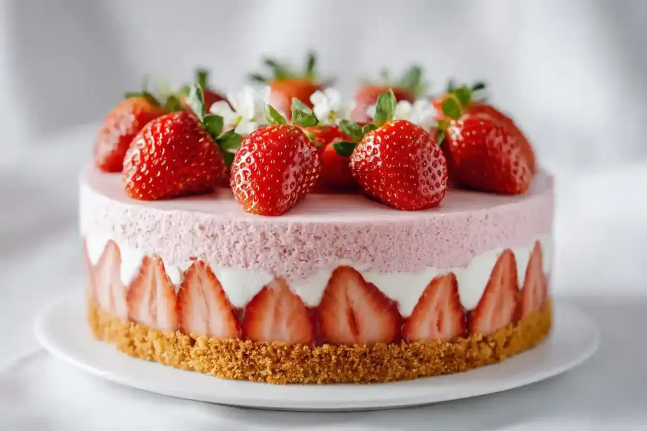 Gâteau fraisier traditionnel décoré de fraises fraîches et de crème rose.