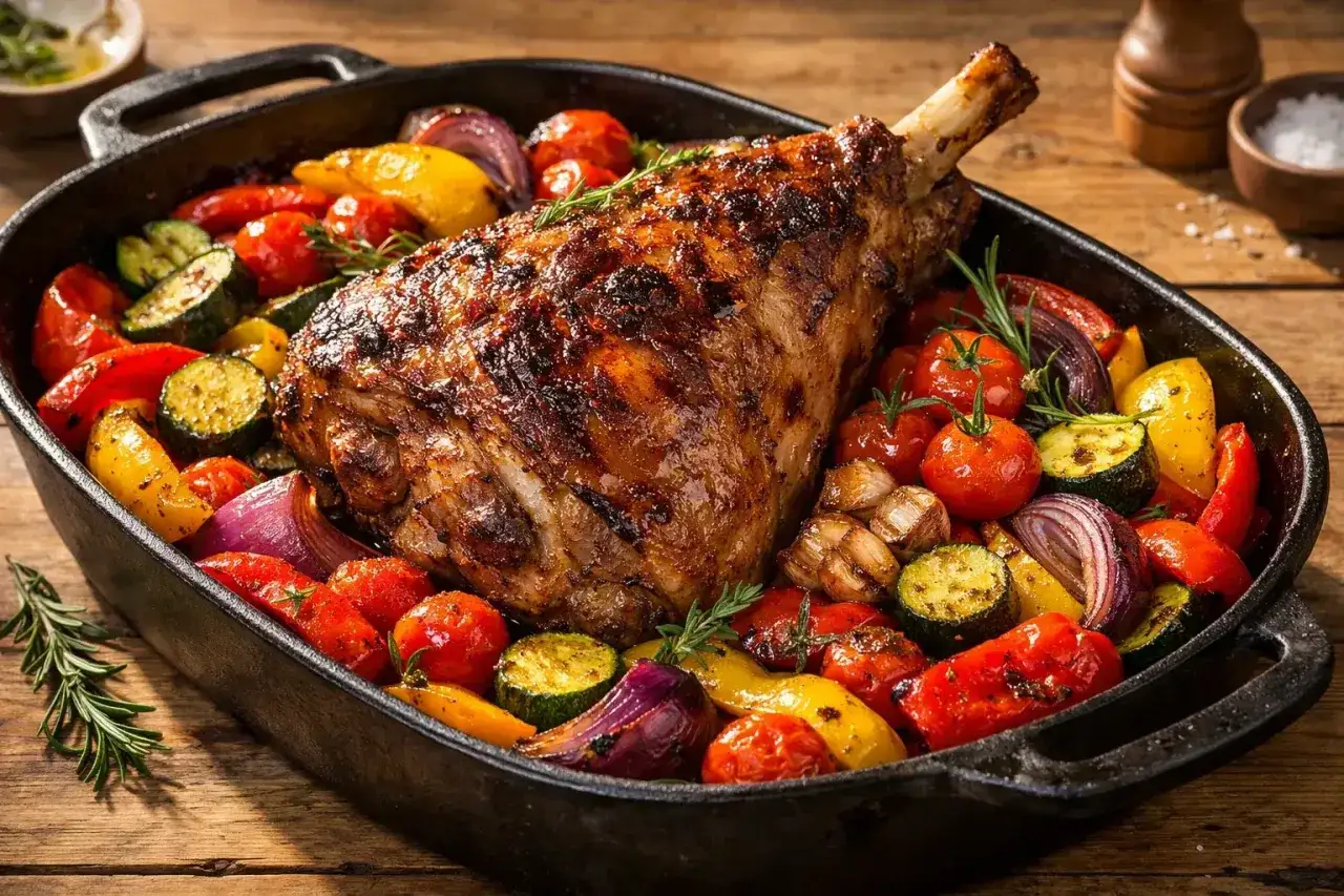 Gigot d'agneau rôti dans un plat en fonte avec des légumes colorés : tomates, courgettes, poivrons, oignons rouges et ail. La cuisson est parfaite.