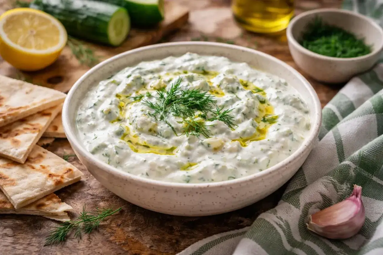Un bol de tzatziki crémeux, garni d'aneth frais et d'huile d'olive. Parfait pour accompagner du pain pita, des concombres et du citron. Une recette simple et délicieuse.