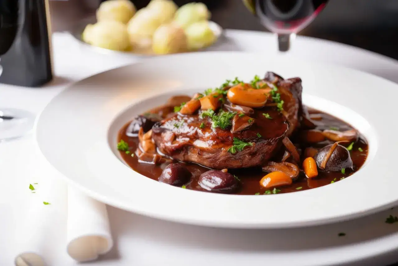 Un plat de viande mijotée dans une sauce bordelaise riche, garni de champignons et de persil. Une recette qui promet un délice.